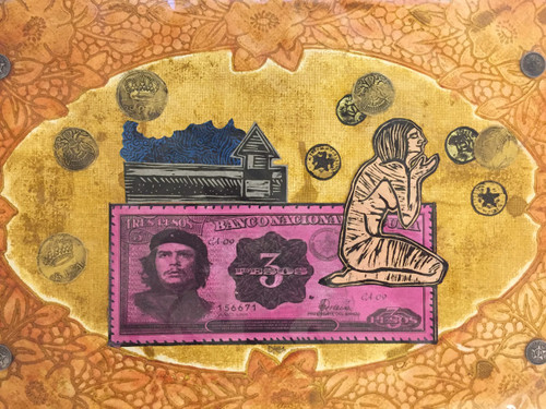 Brito (Yamilys Brito Jorge)  #3095. "Despojos humanos," 2002. Mixed media collage: Xylograph,Collagraph and objects. 11 x 16.75 inches.