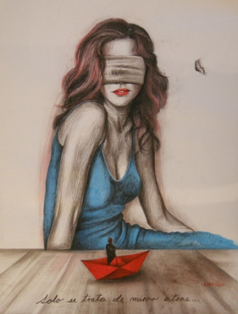 Copperi (Luis Alberto Perez Copperi) #5361. "Solo se trata de mirar atras," N.D. Color pencil and ink on paper. 25.75 x 19.5 inches. 