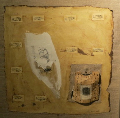 Elsa Mora #4795. Sobre la ambigüedad, 2000. Mixed media collage on linen. 17.75" x 17.75"