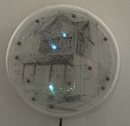 William Perez #6762. "Villa Elena, N.D. Mixed media/wood and plexiglass. 12 inches diameter.