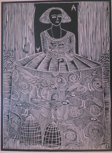 Montebravo (José Garcia Montebravo) #8081. "Infanta 1", 2007. Linoleum print on pink paper. Edition print 11 of 33.   28" x 29 inches.                             