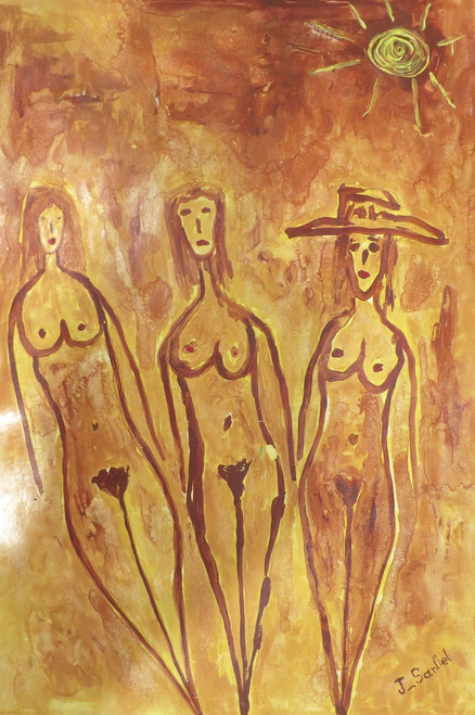 Sanfiel (Jorge Luis Sanfiel) #2271A.  "Tres niñas," 2000. Acrylic on paper. 15.75" x 9.5"