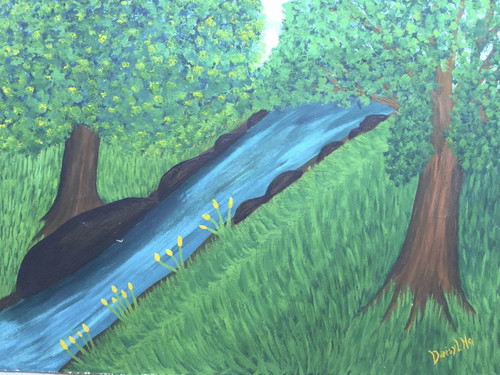 Daisy Lazcano,   "Rio abajo," 1991. Oil on cardboard.            13.25” x 18”        #444