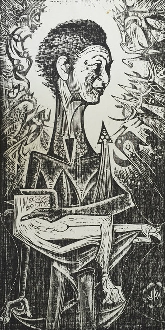 Jose Vicente Aguilera #2823. "Homenaje a Lam NO.2. 1985. Wood carving print edition 3 of 5.    27.5 x 19.3inches.