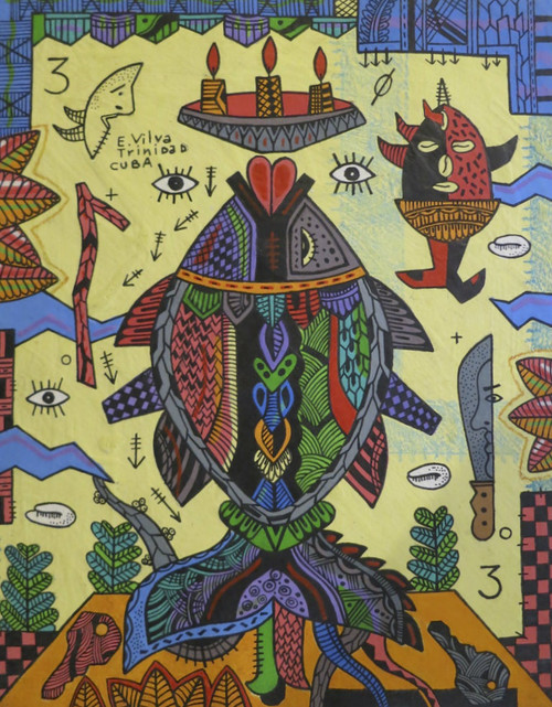 Vilva (Elio Vilva-Trujillo) #5084. "De la serie: peces para los Orishas, pez, para Eleggua," N.D. Mixed media on paper. 7.5 x 9.5 inches.                               