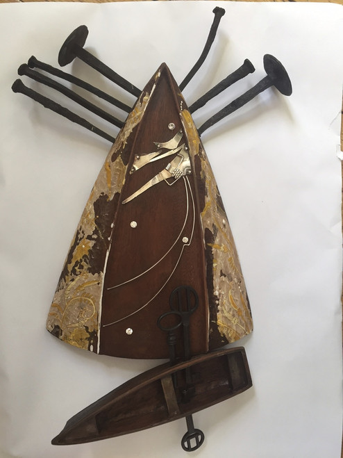 Remberto Ramírez, Untitled, 2018. Mixed media wall sculpture: wood, nails, keys, silver. 13.5" x 8.5" x 2.5" #6820 (SL)