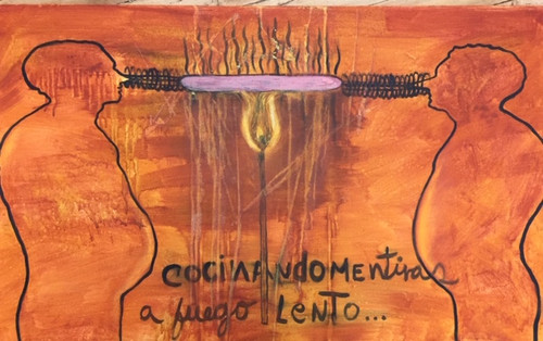 David Valasquez "Cocinando mentiras a fuego lento," 2012. Acrylic on canvas. 24" x 40" #5561