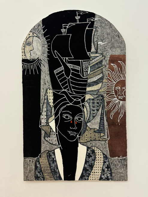 Joel Jover,   "La madona del barco," 2000. Acrylic, rice paper, and fabric on canvas.    50" x 31”                               #4227A