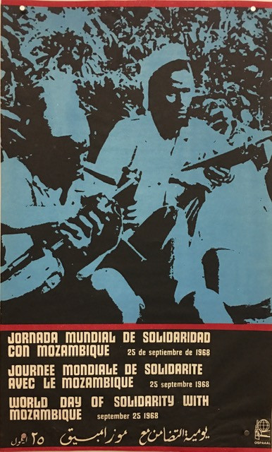 OSPAAAL (Ñiko (Antonio Pérez González)), "Jornada mundial de solidaridad con Mozambique," 1968. Offset poster, 21.25" × 13"