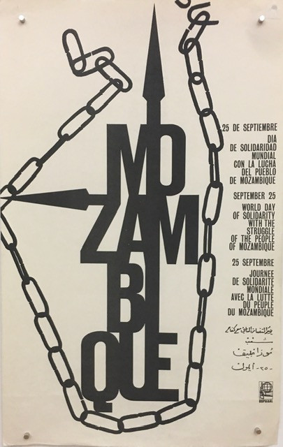 OSPAAAL (Olivio Martínez), "Day of world solidarity with Mozambique," 1968. Offset poster.