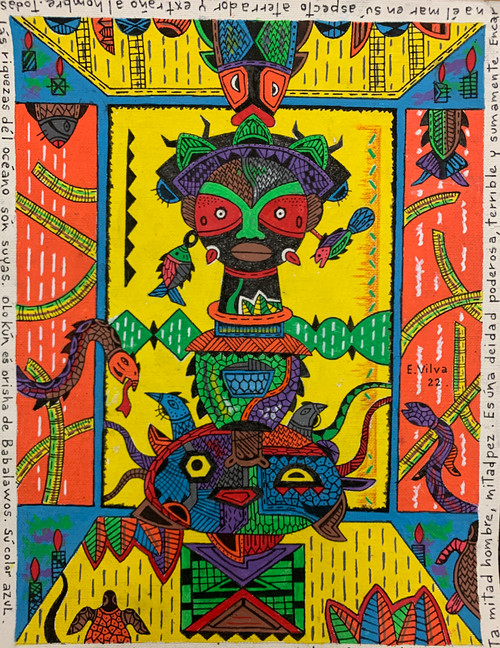 Vilva (Elio Vilva-Trujillo) "Olokun," N.D. Mixed Media On Canvas, 12.5 X 9.5" #5721