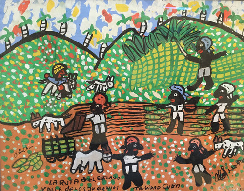 Abel Pérez-Mainegra,                         "La ruta del esclavo: valle de los ingenios," 1999. Acrylic on poster board.                                                                            8.5" x 10.5”          #1230(Sl)