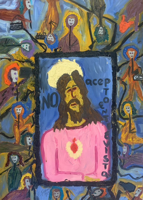 Juan Karlos Echeverria Franco #5833.  "No Acepto Enrevista," 1990.  Mixed Media On Wood. 21" X 15"
