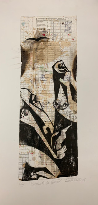 Guillermo Estrada Viera #3777B.    "La Gaviota," 2005. Xylography  Print On Government Ration Cards  6/15.     25.25" X 12.5"