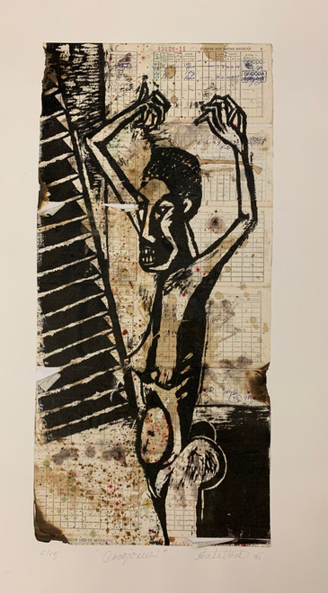 Guillermo Estrada Viera #3740B.    "Cojones," 2005. Xylography  Print On Government Ration Cards 5/15.     28 X 13.5