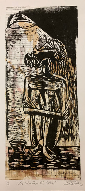 Guillermo Estrada Viera #3736A. "Los Mendigos Del Obispo," 2005. Xylography  Print On Government Ration Cards, Artist Proof    22" X 10.5"