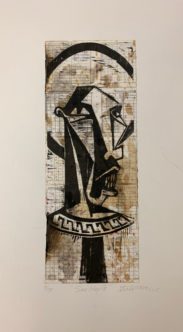 Guillermo Estrada Viera #3830E.   "Soy Mayito," 2005. Xylography  Print On Government Ration Cards  8/15.    28" X 13.75"