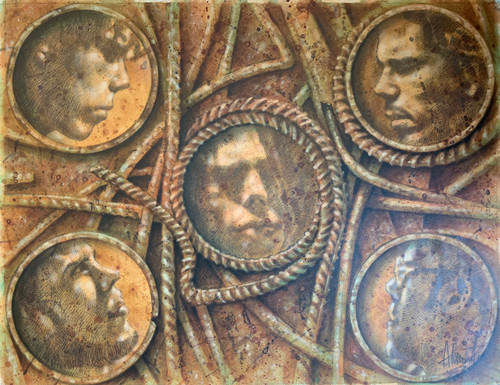 Adrian Rumbaut #5431 "Ensayos Y" 2003. Mixed media on paper 20” X 25.5”