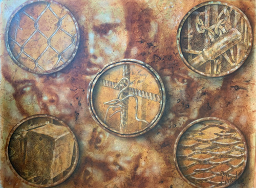Adrian Rumbaut #5432  "Ensayos Y,” 2003. Mixed media on paper  20” X 25.5”
