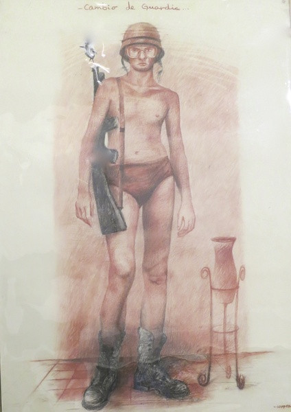 Copperi (Luis Alberto Pérez Copperi) #4990. "Cambio de guardia," 2009. Charcoal and ink on cream paper  39.25” X 27.5”
