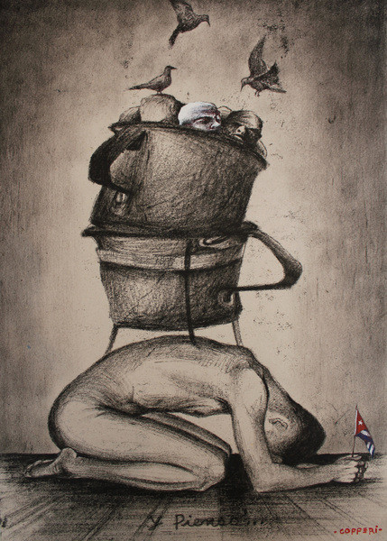 Copperi (Luis Alberto Pérez Copperi), #4817  "Y pienso," N.D. Charcoal ink on kraft paper. 19” x 14.5”