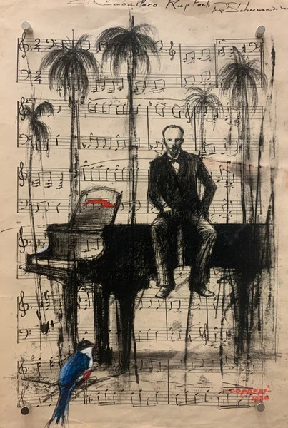 Copperi (Luis Alberto Pérez Copperi) #5268."El caballero ruptoch," 2020. Ink and charcoal on reused vintage music sheets 12” x 9”