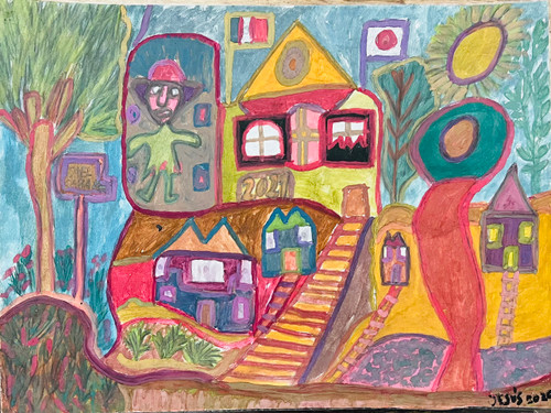Jesus Martinez Nuñez,                                                      "Cábaña de Hospedajes," 2020. Mixed media on recycled card stock.               8.75”x11.75”  #6287