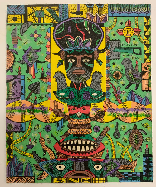 Vilva (Elio Vilva-Trujillo),  "Oggun, Orisha mayor," 2019. Mixed media on canvas, 15" x 12" #6015
