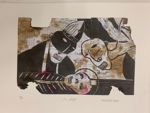 Guillermo Estrada-Viera, La visita, 2022. Xylography print on government ration cards, Artist proof,  11" x 15" #5340