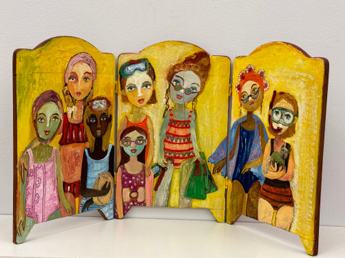 Sandra Dooley, "Bañistas," 2023. Mixed media/ acrylic on wood screen.       16" x 29"        #5792B