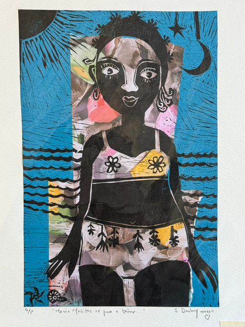 Sandra Dooley, "Maria Moñitos se fue a bañar,"  2022.  linocut collage. 14.5" X 11" #5305A