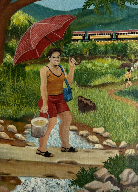 Rolando Alvarado,  "Mercy regresa del trabajo," 2006. Oil on canvas.                 12” x 9”                                                                                #4524