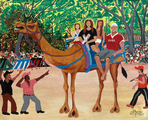 Carlos Manuel Campos Dias, "La familia sobre el camello en la playa," 2023. Oil on canvas, 13" x 15"  #5170B