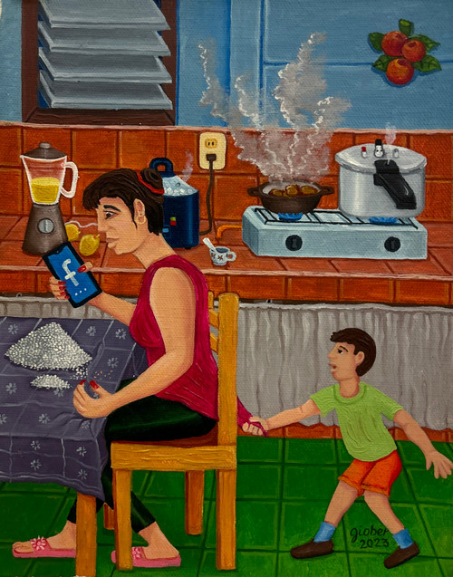 Giober (Giober López Justy),  "El Facebook," 2023.  Oil on canvas,  10" x 8" #5440C