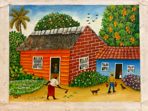 Osmar Peña Clavel,  "limpiando el patio," 2022. Oil on canvas,  9" x 12" #5342B