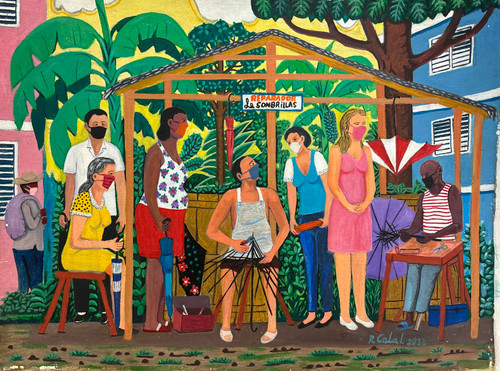 Rafael Cala Lores, "El reparador de sombrillas," 2022.   Oil on canvas,  12" x 16"  #5346D