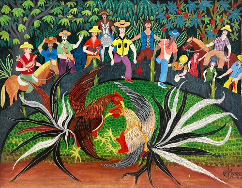 Carlos Manuel Campos Dias,  "La profesión de Los gallos,"  2023. Oil on canvas, 15" x 20.5"    #5170E