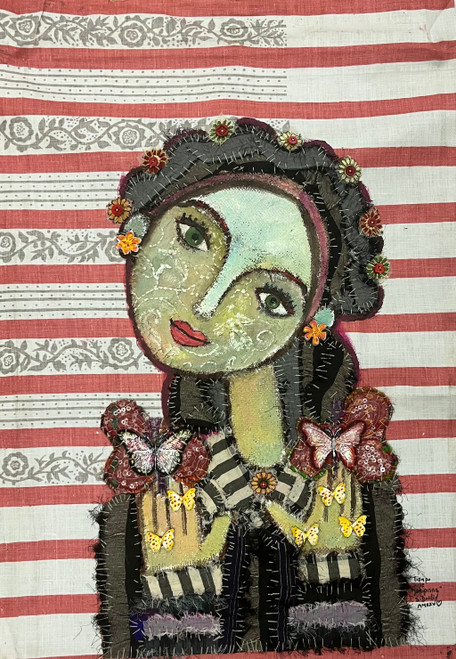Sandra Dooley,  "Tiempo de mariposas," 2025. Mixed media on fabric.   27" x 20"  #5643K