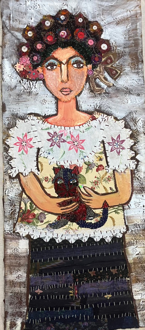 Sandra Dooley,    "Frida," 2024. Mixed media: Acrylic, buttons, yarn on canvas.    50" x 23.5"    #5643J