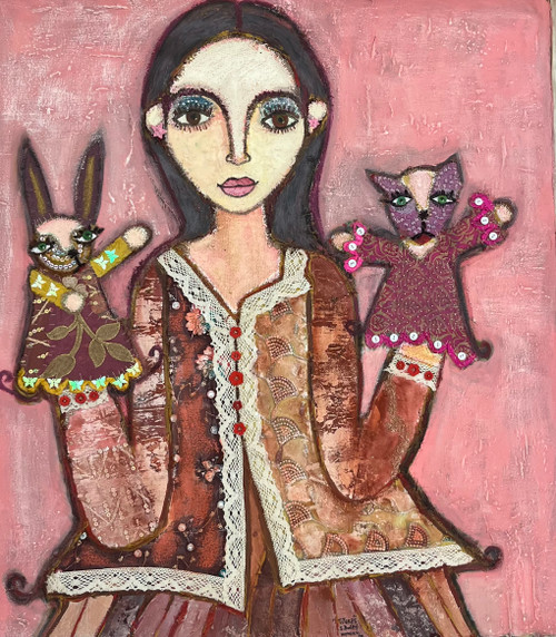 Sandra Dooley,  "Tres," 2024. Mixed media: acrylic, buttons, yarn on canvas.    32" x 36”   #5643G SOLD