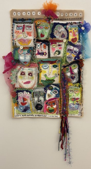Alejandrina Cué,  "Solo el amor engendra la maravilla," 2025. Mixed media: textile collage and acrylic.  26” x 36”    #5880B