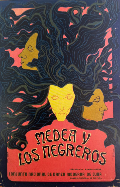A gorgeous Art Deco inspired poster design from 1968 featuring artwork for the Cuban National Modern Dance Company's production of "Medea y Los Negreros" for Cuba's National Council of Culture.
