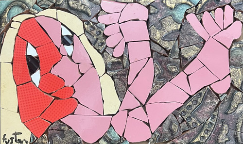 Fuster (José Rodríguez Fuster), "Pareja," 2025. Glazed tile on wood.  8” x 13.75”. #5879M