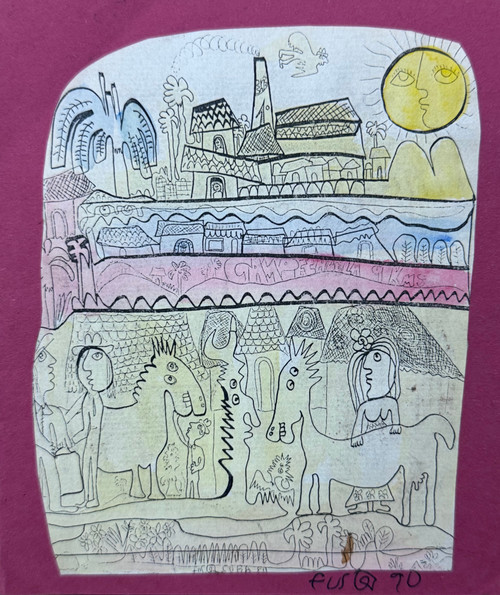 Fuster (José Rodríguez Fuster), Untitled, 1990. Mixed media: ink and watercolor on paper. 6" × 5". #31A