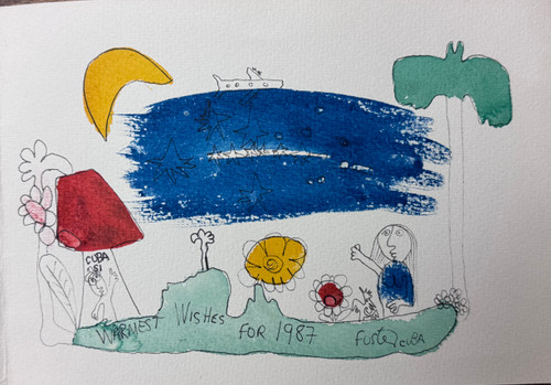 Fuster (José Rodríguez Fuster), Untitled, Dedicated to the Center for Cuban Studies, 1987. Mixed media: ink and watercolor on paper. 7" × 10". #725B NFS