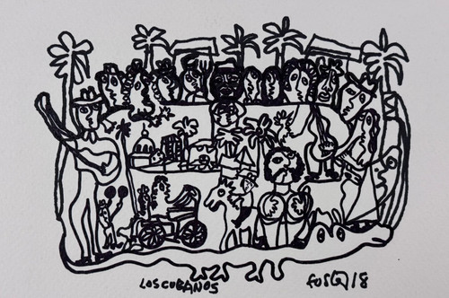Fuster (José Rodríguez Fuster), "Los Cubanos,"  2018. Ink on paper.                                  6” x 8”. #5154C