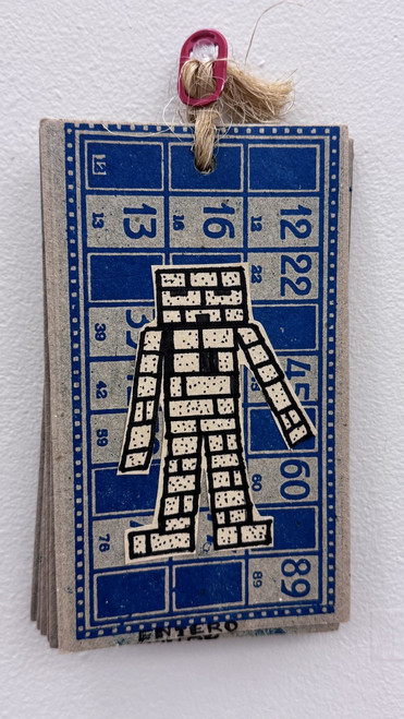 Brito (Yamilys Brito Jorge), "Libros de matemáticas: Entero, la mitad, parte y todo, la caña a tres trozos, tercios, décimas, fracción," 2017. Series of 7 collages on kraft paper, tied with rope. Each 6.25" x 3.75"