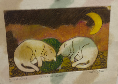 Noelvis, "Amor de gatos," 2000. Block print, edition 2/2. 9.5" × 11". #6001