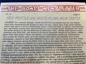 BOMP NEWSLETTER-  3/22/77 -"SEX PISTOLS UNLOADED" ISSUE #11