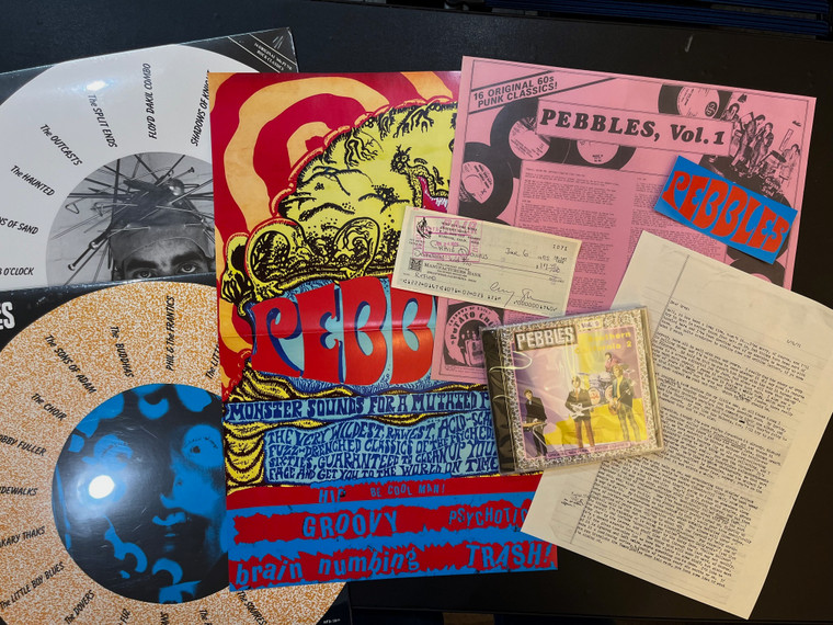 PEBBLES-VOL 1 & 2 - BARGAIN ARCHIVAL SET WITH GREG SHAW "AUTOGRAPH", LENNY KAYE LETTER,  POSTER, STICKER ,RARE 1978 PINK "MASTERCHARGE"ORIG COVER & BONUS CD! 